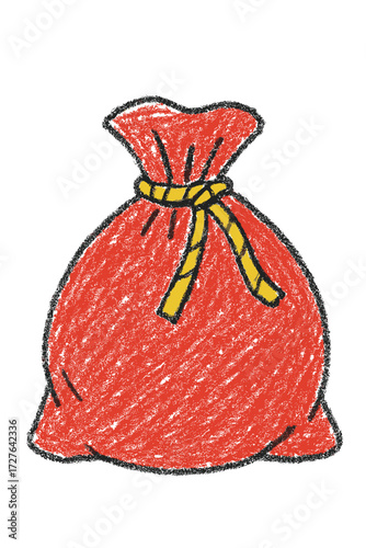 Colorful childish crayon drawing of a big red sack tied with ribbon for Christmas gifts - Concept of Christmas - holiday - festive - winter - preparation