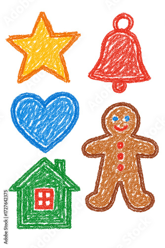 Colorful childish crayon drawing of gingerbread cookies and Christmas icons with stars and trees - Concept of Christmas - holiday - festive - winter - sweets - tradition