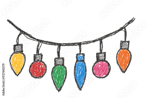 Colorful childish crayon drawing of Christmas lights on a wire in simple loop - Concept of Christmas - holiday - festive - winter - decoration - lighting