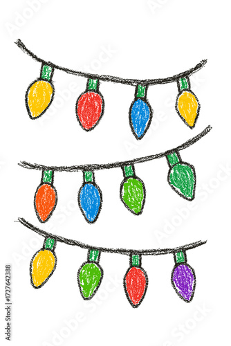 Colorful childish crayon drawing of a row of multicolor Christmas lights - Concept of Christmas - holiday - festive - winter - illumination - decoration