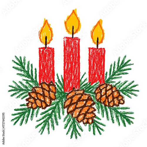 Colorful childish crayon drawing of three red Christmas candles with pine leaves - Concept of Christmas - holiday - festive - winter - decoration - tradition