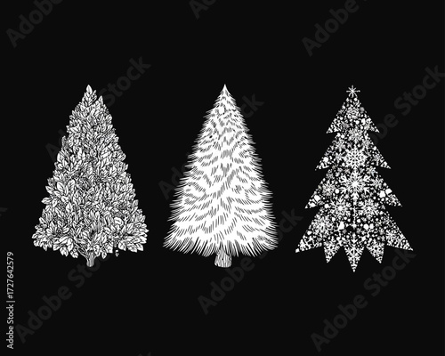 Three distinct Christmas trees presented in a classic black and white hand-drawn illustration style, evoking a festive and artistic holiday spirit