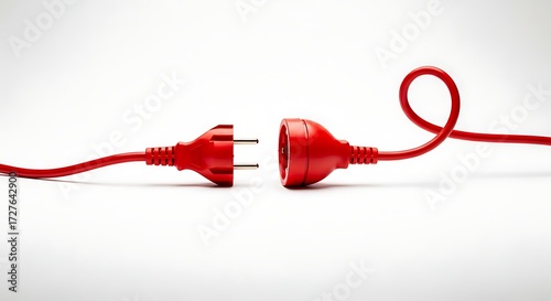 Red electrical plug and socket isolated on white background, unplugged concept