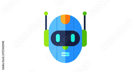 Friendly blue robot head icon with green antennae and glowing cyan eyes.