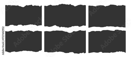 Set of torn paper banners. Jagged rectangle of torn paper sheets. Ripped paper strips collection. Torn notebook page or scrap note with damaged border. Sticky newspaper clip art.	
