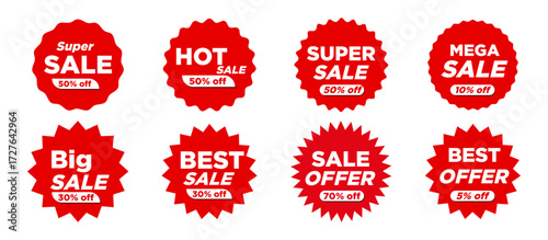 Set of discount and sale labels. Flat style red labels, stickers with sale discount text. Sale quality tags and labels. Starburst sticker and price label set, promo tag icons