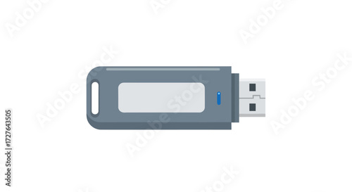 Grey USB flash drive with a white label area and blue LED indicator light.