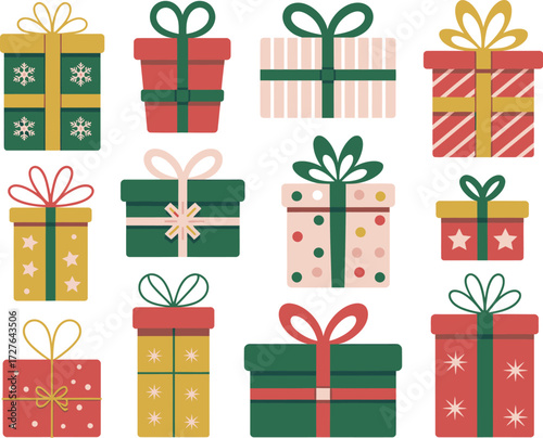 A diverse collection of twelve beautifully wrapped gift boxes, each adorned with festive patterns and ribbons, creating a cheerful holiday display