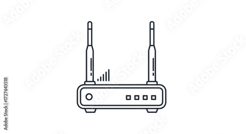 Minimalist line art icon of a wireless Wi-Fi router with two antennas and signal indicators.