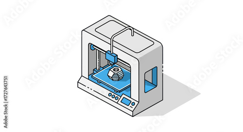 Isometric line art illustration of a modern desktop 3D printer creating a prototype object.