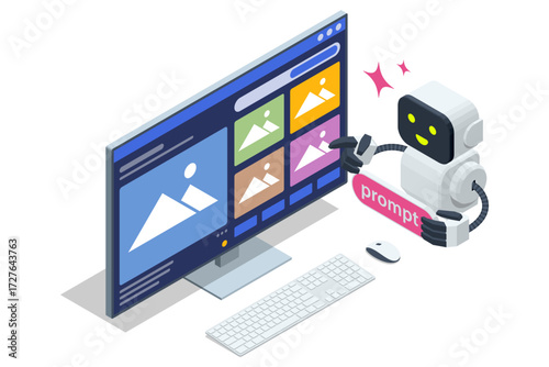 Isometric AI assistant to design a website or application on a large monitor, symbolizing automated UI UX creation. AI assistant using prompts to generate creative images on computer screen.