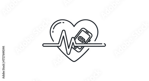 Thin line icon of a heart with an ECG pulse and a smartphone for health tracking.