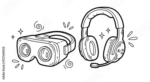 Hand-drawn VR Headset and Gaming Headphones Illustration.