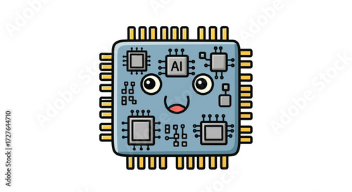 A cute cartoon AI microprocessor chip character with a happy smiling face and gold pins.