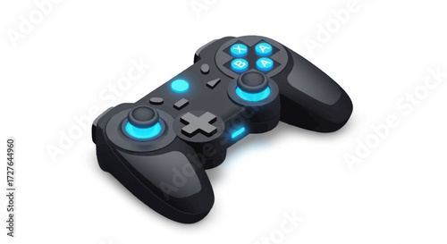 Modern Black Wireless Gaming Controller with Blue Illumination.