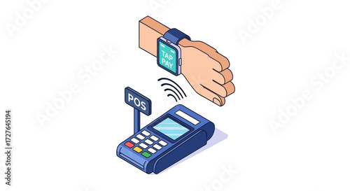 Smartwatch contactless payment system near POS terminal.