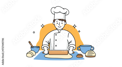 A cheerful baker wearing a chef hat is preparing dough with a rolling pin on a blue table.