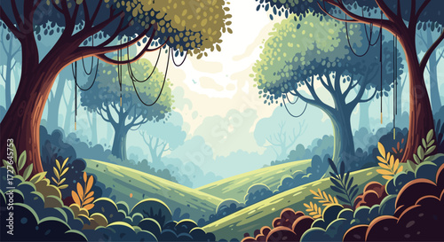 A vibrant pixel art forest with rolling hills bathed in soft sunlight.