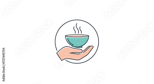 A gentle hand offers a bowl of steaming hot soup in a delicate circle.