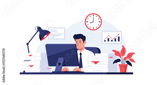 A man working diligently at his desk surrounded by stacks of documents and office supplies.