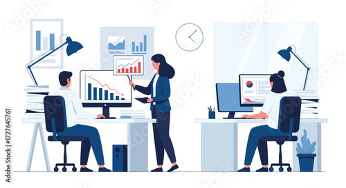 Team analyzing financial data and growth charts in a modern office setting.