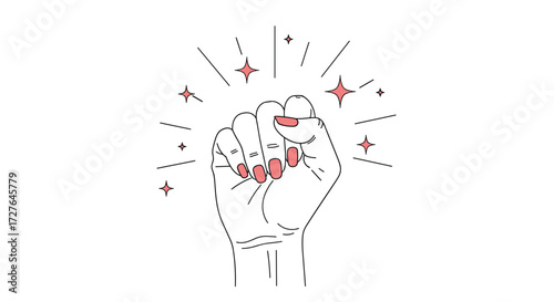 A woman's closed fist raised with short nails and red polish in a symbol of strength and empowerment surrounded by sparkling lines and dots.