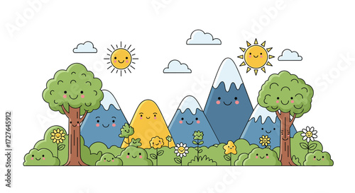 A charming illustration of a happy mountain landscape with playful suns and clouds.