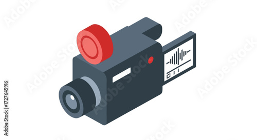 Isometric illustration of a vintage video camera with a red top button and screen display.