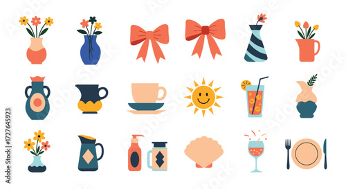 A charming collection of decorative elements including vases flowers bows drinks and tableware.