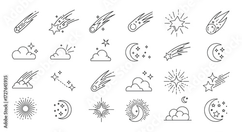 A collection of weather and astronomy related icons depicting falling stars clouds and other celestial events