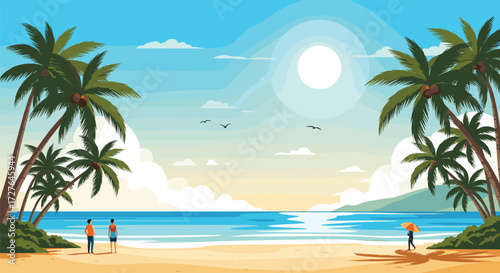 A serene tropical beach scene with palm trees and a bright sunny day.