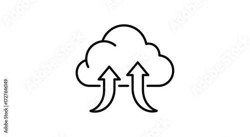 Minimalist line art icon of a cloud with two upward arrows representing data upload.