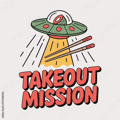Playful cartoon sushi roll in a flying saucer abducting a tiny astronaut isolated on white background