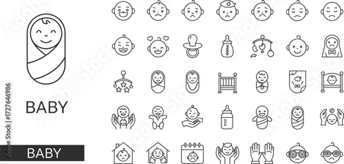 Baby Icon Set Featuring Expressions, Essentials, Activities, and Family Symbols for UI, Parenting, Education, and Design Projects