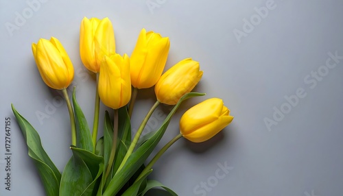 Bunch of vibrant yellow tulips with green leaves arranged on a light gray surface