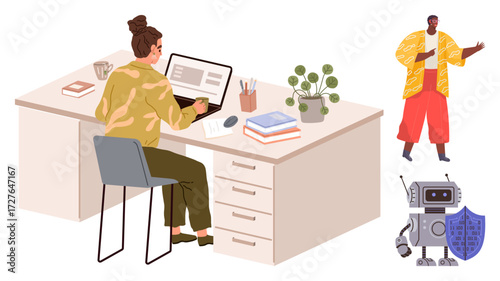 Person working on laptop at a desk, engaging with a virtual colleague and an AI robot holding a privacy shield. Ideal for remote work, teamwork, technology, AI safety, communication, productivity