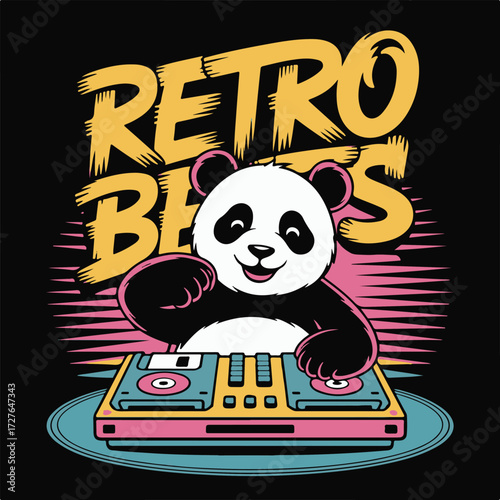 Playful cartoon panda dj wearing headphones and sunglasses holding vintage floppy disks with bold graffiti elements isolated on white background
