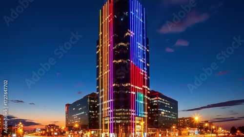 Nighttime Cityscape Featuring a Tall Building with Vibrant Neon Lights and Colorful Sky Time-lapse