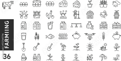 Farming Icon Set Featuring Livestock, Tools, Produce, and Barns for Agriculture, Education, UI, and Graphic Design Projects