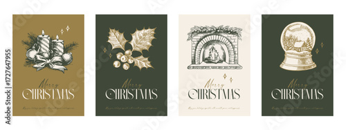 Christmas invitation cards with hand drawn holiday sketches. Festive mood, elegant vintage style. Vector illustration.