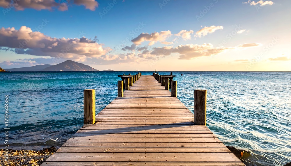 Fototapeta premium Wooden pier extending into calm ocean at sunset, mountains in distance
