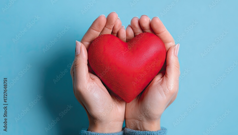 Obraz premium A red heart held gently in two hands against a light blue background