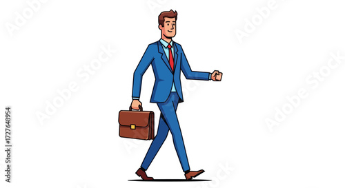 Confident Businessman Walking with Briefcase in Blue Suit.