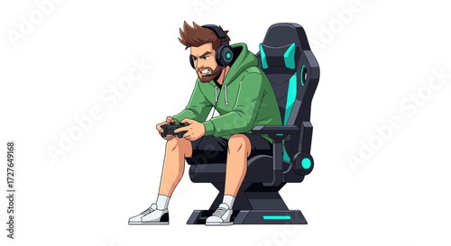 Young man with headphones playing video games on a gaming chair.