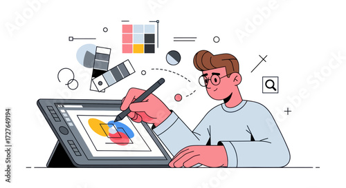 Graphic Designer Working on a Digital Tablet with Stylus Pen.