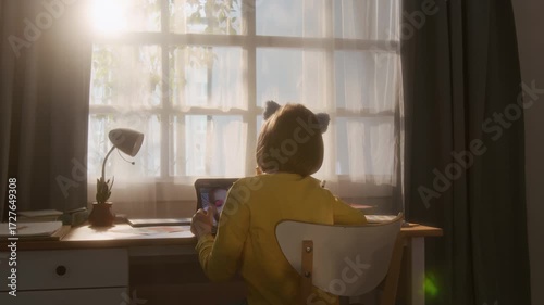 Back view wide angle shot of young girl stretching joyfully while sitting at desk in cozy room and using digital tablet, scene lit by cinematic window sunlight