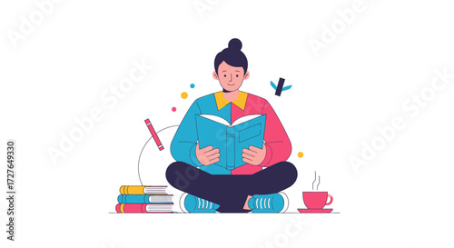 Woman reading a book in a relaxed pose with books and coffee nearby.