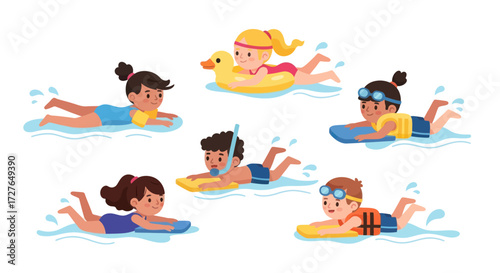 Children Swimming and Playing in Water with Floats and Goggles Having Fun.
