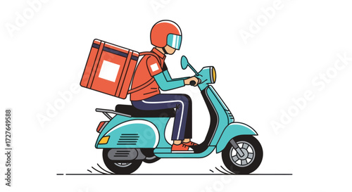 Cartoon Delivery Rider on a Teal Scooter with Red Box.