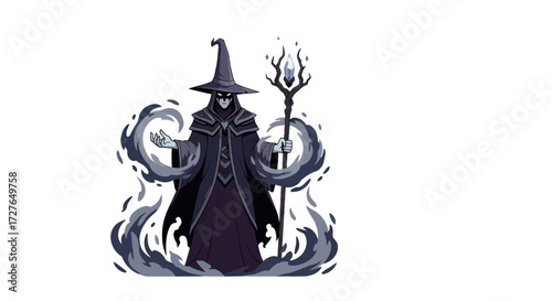 Dark Wizard Character with Staff and Hat Surrounded by Smoke.
